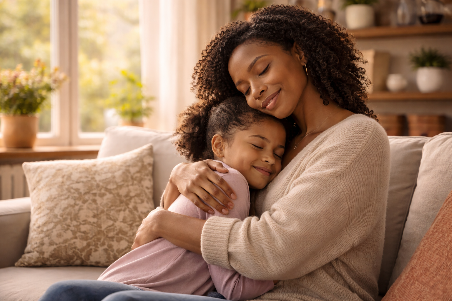 Mother embracing her child in a warm, safe, nurturing environment