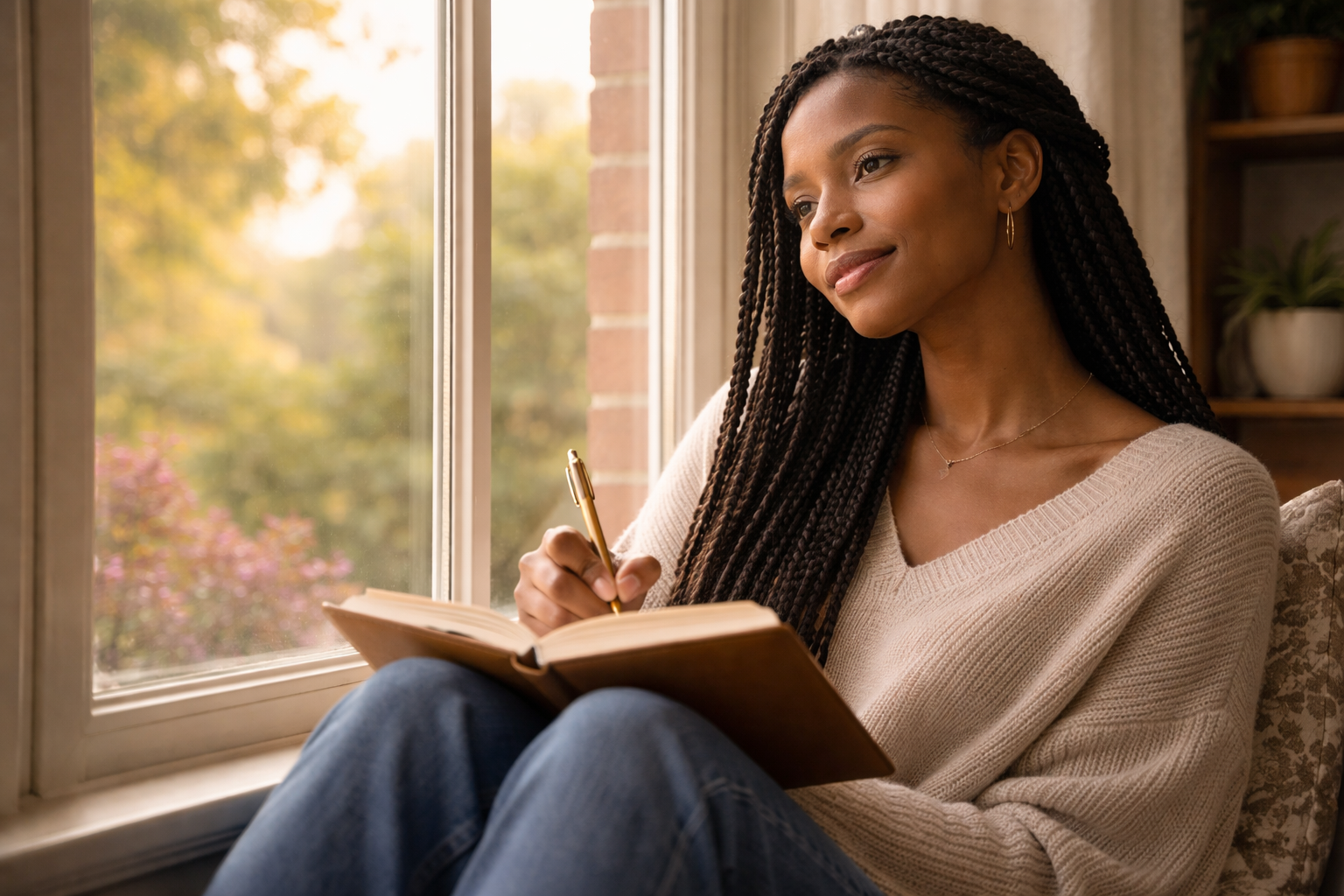 Woman writing thoughtfully in a journal, soft natural light