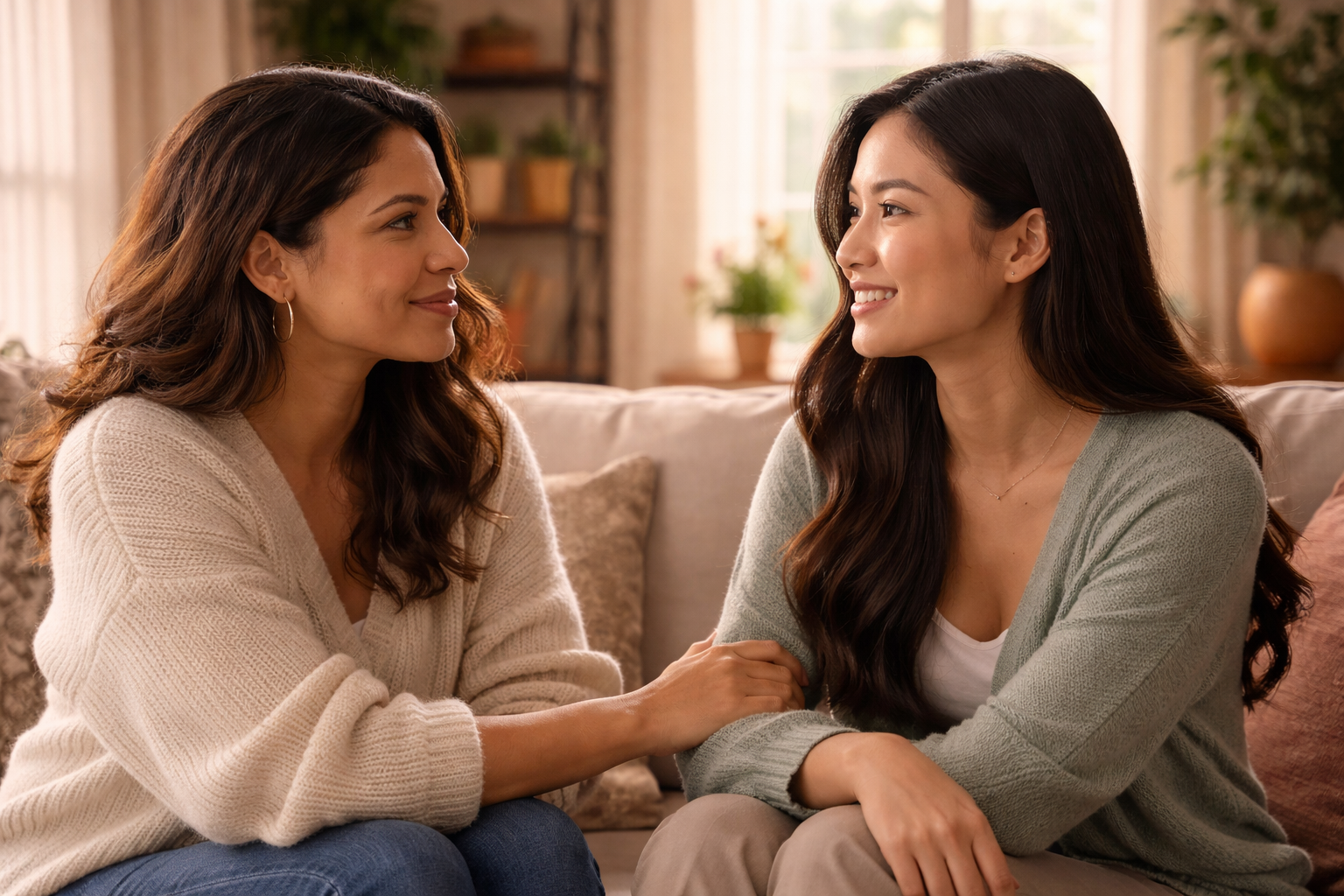 Two women engaged in a calm, supportive conversation