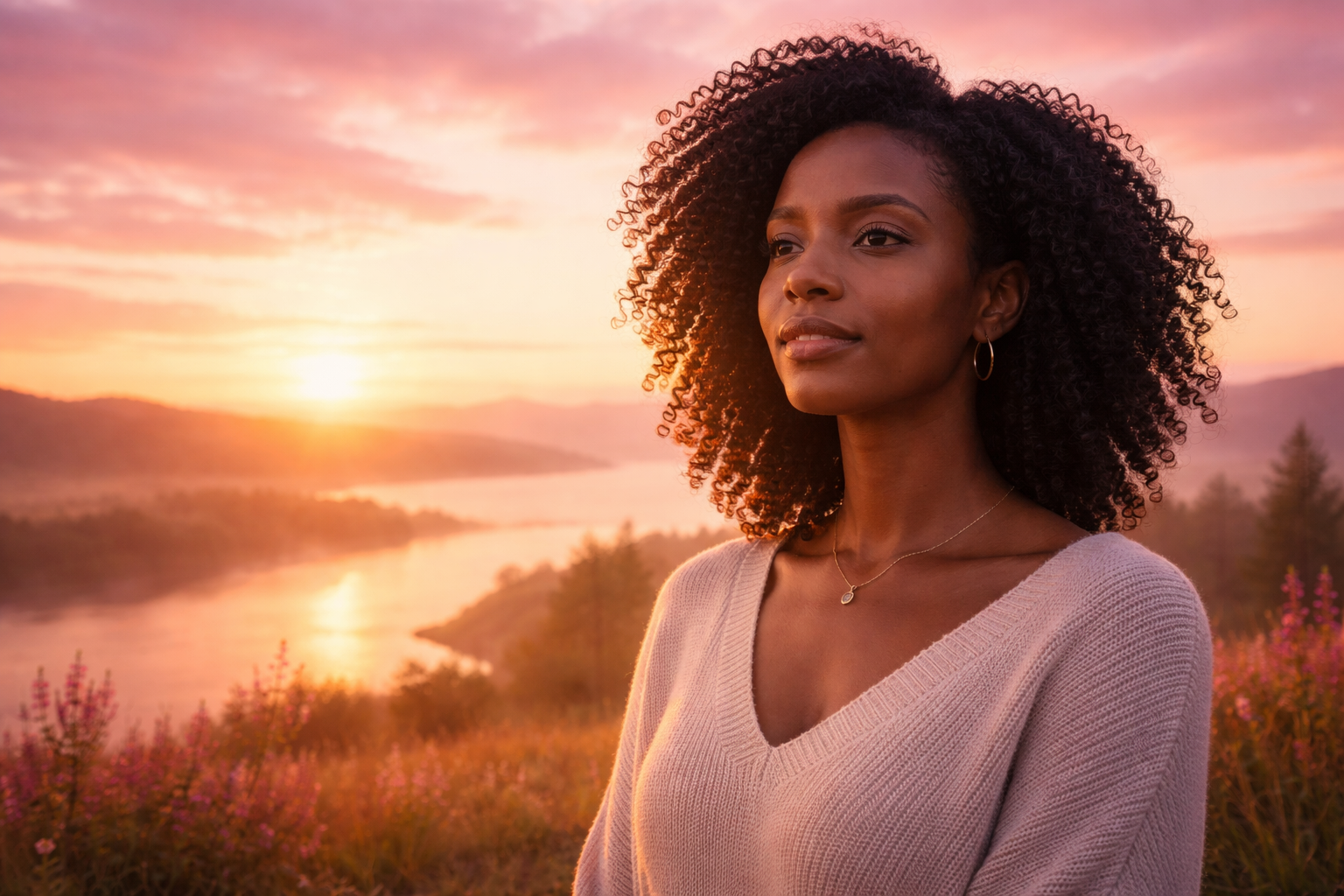Woman standing outside in soft sunlight with an expression of quiet strength and hope