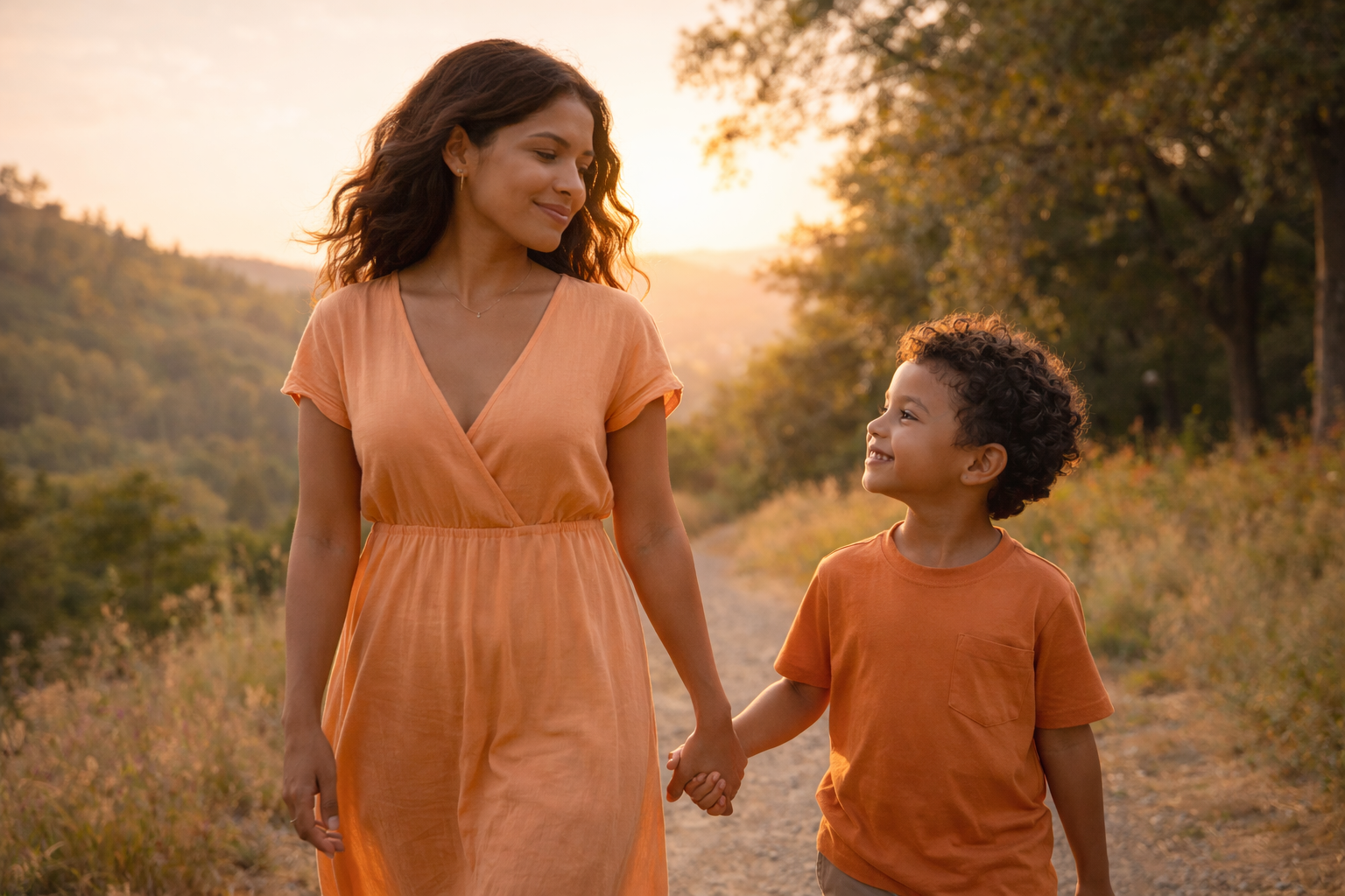 Woman and child walking outside in a peaceful setting — symbolizing forward movement and stability