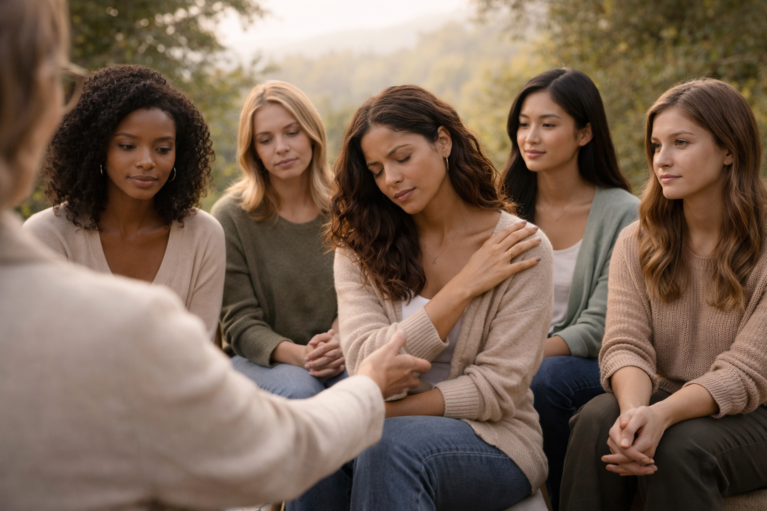 Woman in a peaceful outdoor setting, quiet moment of inner clarity
