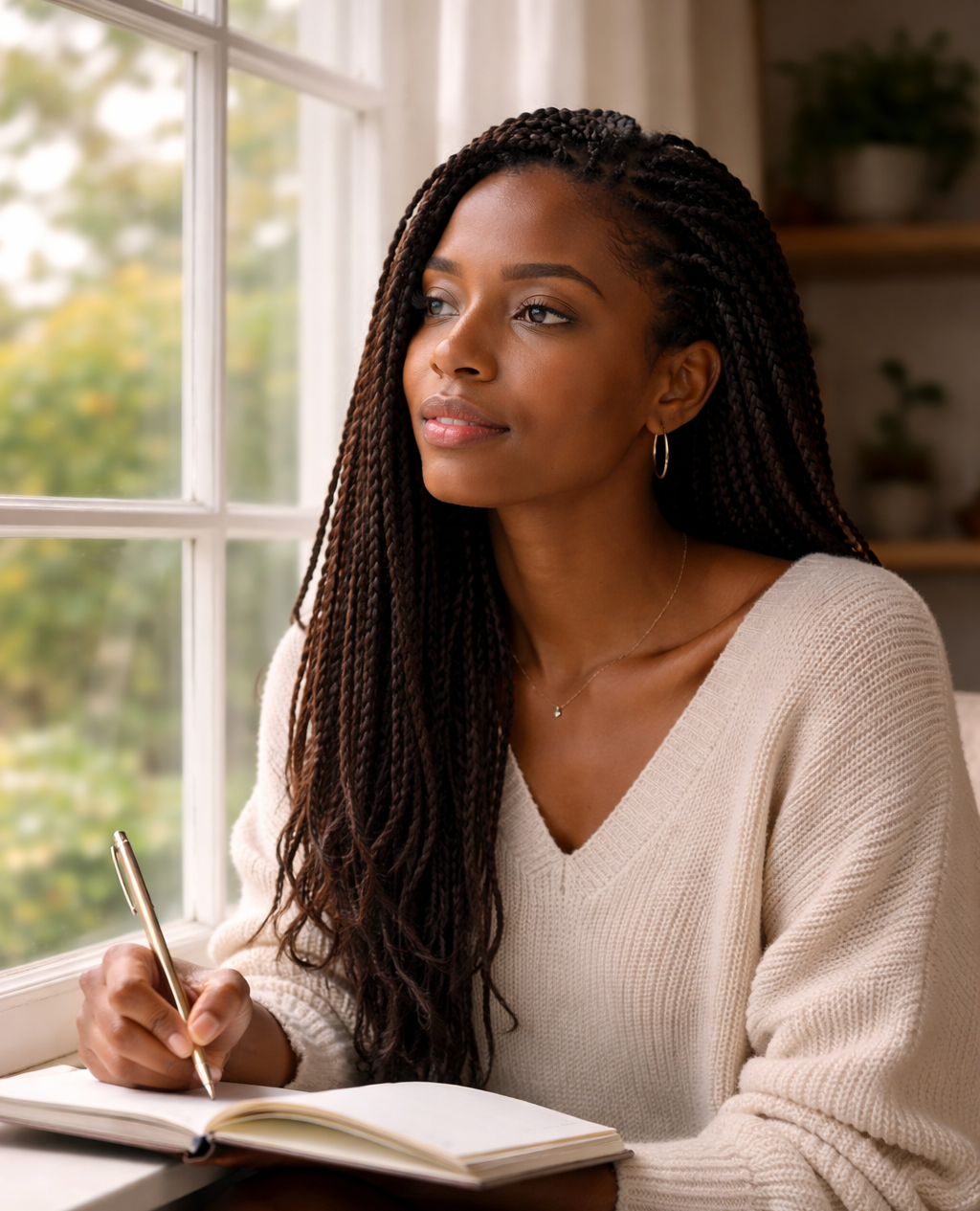 Woman sitting near a window with soft natural light, calm and reflective expression